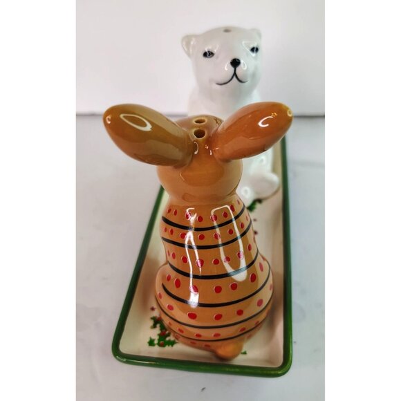 Cath Kidston Salt & Pepper Shaker Set w/Tray, Polar Bear Rabbit Hare 3 Piece - Picture 3 of 8